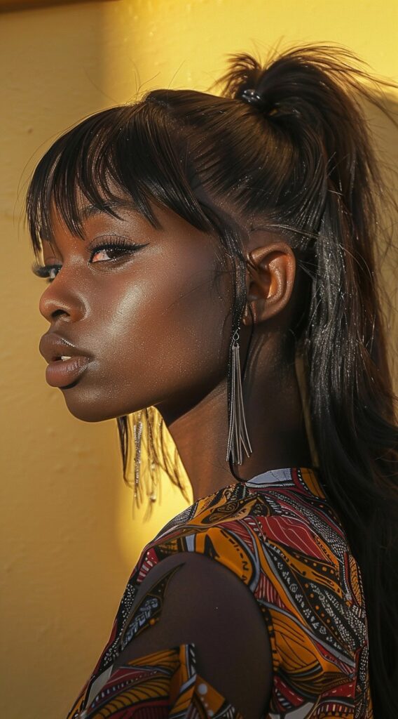 27 Weave Ponytail Hairstyles with Bangs: Chic and Modern Looks for Every Occasion 10 high ponytail with wispy bangs