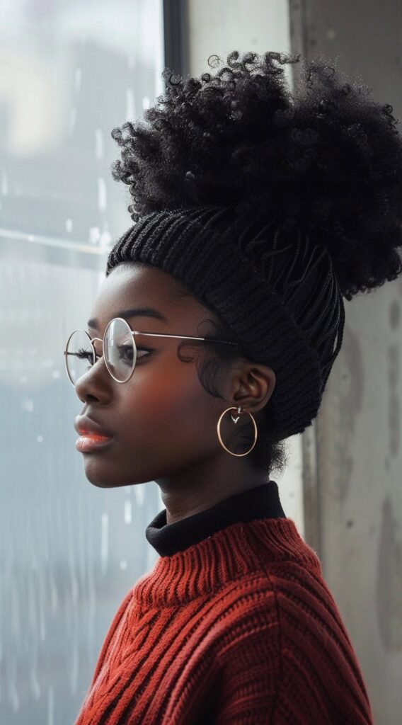 35 Beanie Hairstyles for Black Women: Chic and Cozy Ideas for Every Style 34 high puff through bun beanie