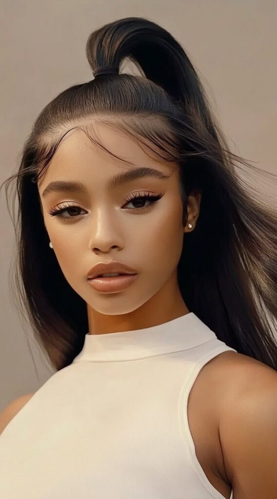 23 Straight Hairstyles for Black Women 3 high sleek ponytail with baby hairs