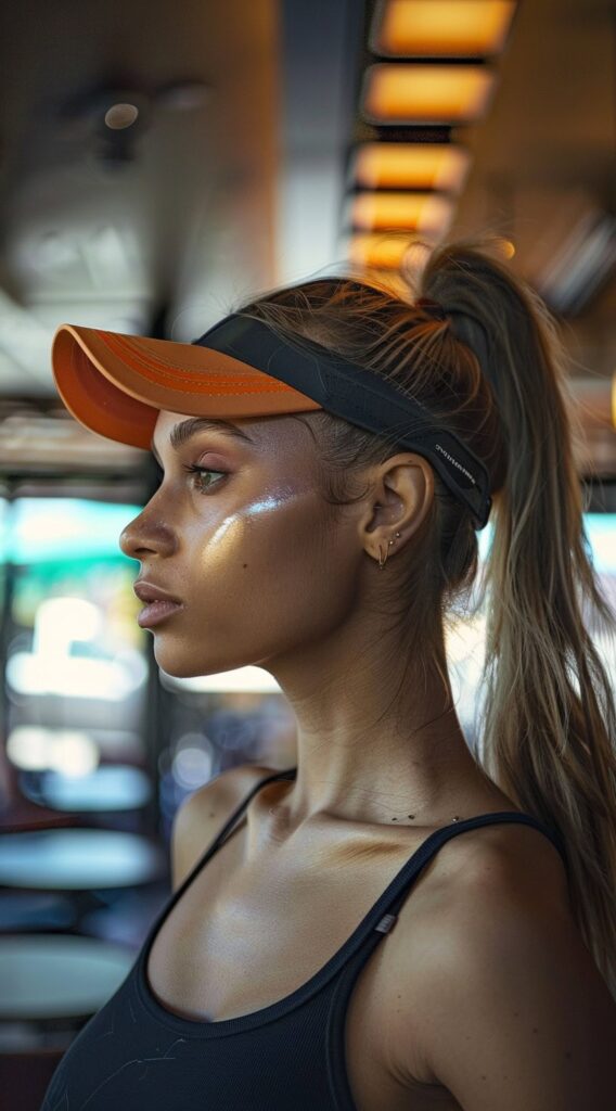 25 Hat Hairstyles for Work: Stylish and Professional Ideas for Women 8 high sleek ponytail with visor hat