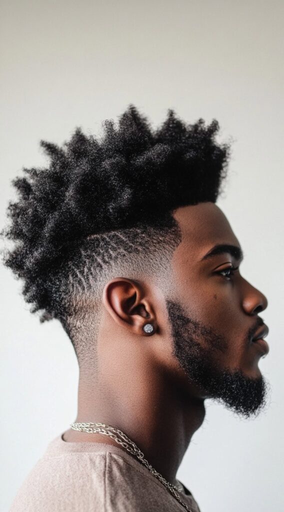 23 Curly Hairstyles for Men with Fade: Bold and Stylish Ideas for Every Curl Type 16 high top fade with geometric design