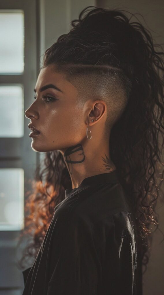 10 Long Curly Hair with Undercut Women Hairstyles: Stunning Ideas to Transform Your Look 8 high voluminous ponytail