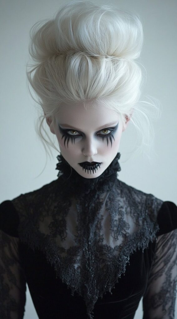 36+ Vampire Hairstyles for Women 36 high voluminous updo with dramatic makeup
