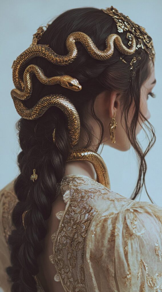 17 Medusa Hair Ideas 14 intricate serpent braid with gold details