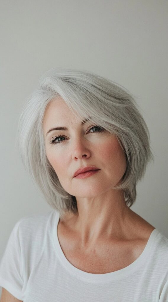24 Chic Short Hairstyles for Women Over 50 with Gray Hair 1 layered bob with feathered ends