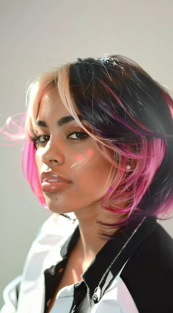 Peekaboo Highlights for Black Women: Transform Your Look with These 20 Stunning Ideas 6 layered bob with pink and blonde peekaboo highlights