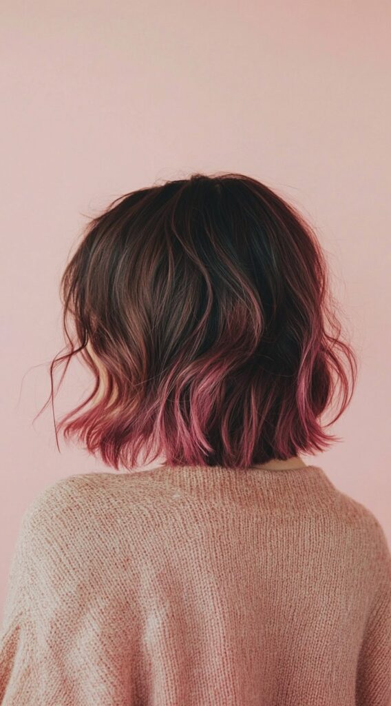21 Pretty Pink Highlights in Brown Hair 11 layered bob with pink gradient ends