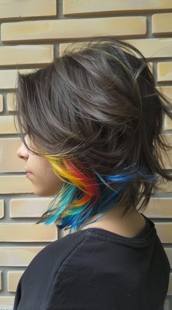 Peekaboo Highlights for Black Women: Transform Your Look with These 20 Stunning Ideas 17 layered bob with rainbow peekaboo highlights