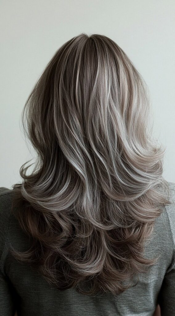 23 Chic Brown Hair with Silver Highlights Ideas 8 layered brown hair with silver highlights
