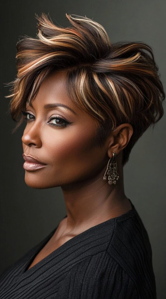 26 Older Black Women Hairstyles for Over 50 24 layered pixie with caramel highlights