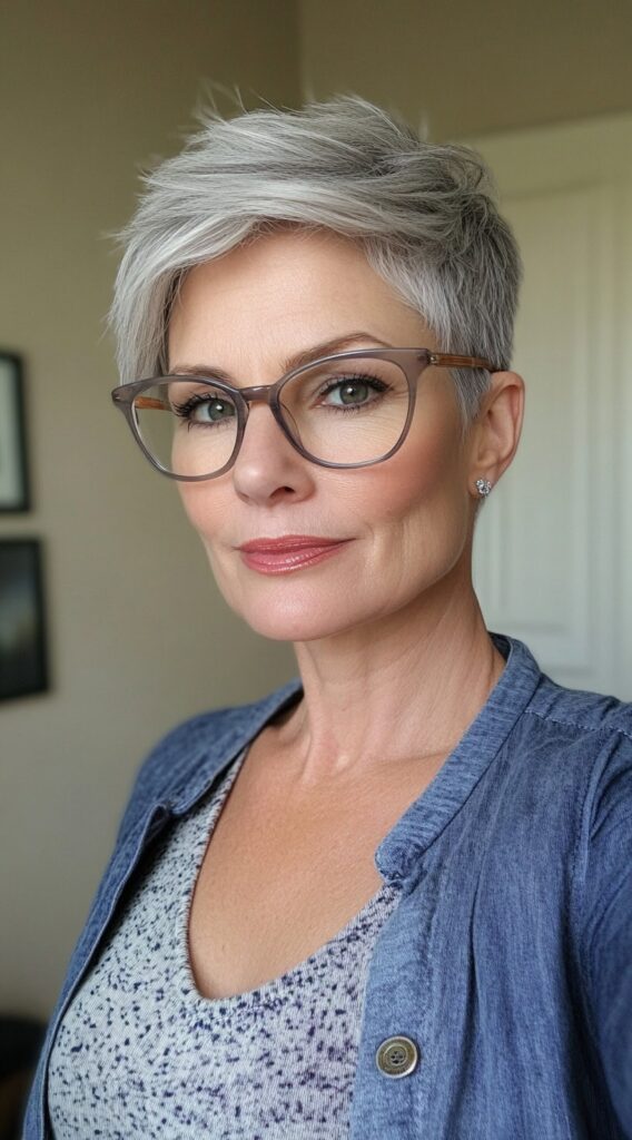 24 Chic Short Hairstyles for Women Over 50 with Gray Hair 19 layered pixie with glasses