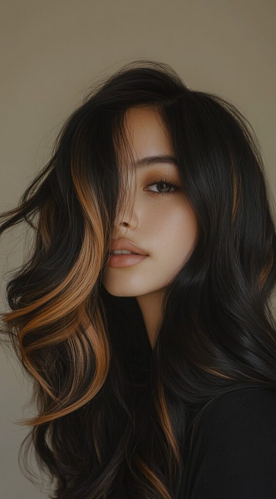 27 Inspiring Black Hair with Brown Highlights Ideas 14 long black hair with golden brown face framing highlights