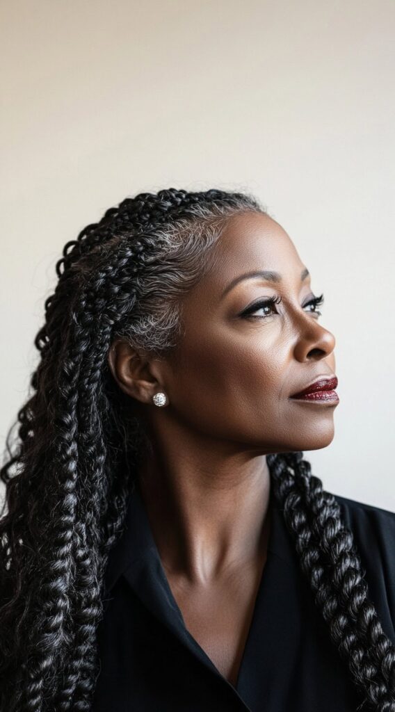 Braids for Older Black Women Over 50: 17 Elegant and Age-Defying Hairstyles to Try 8 long box braids with gray accents