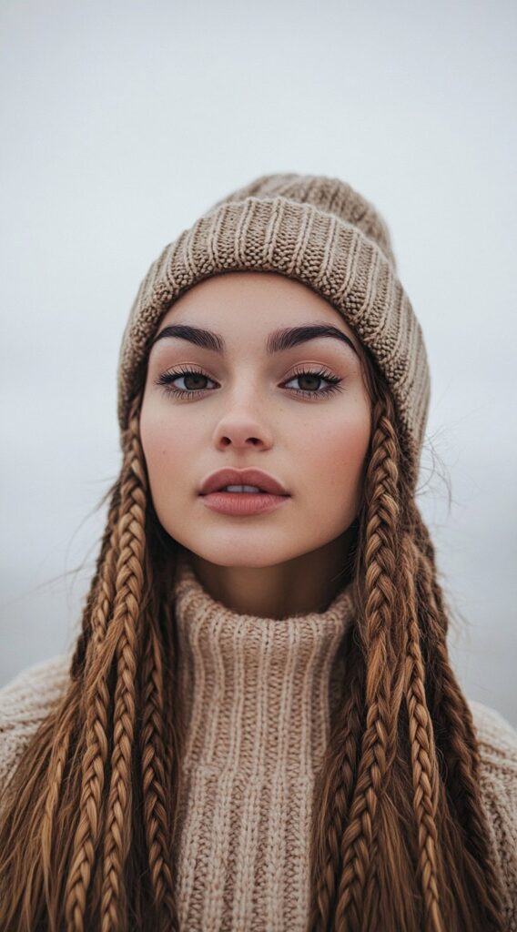 Mastering Beanie Hairstyles: 25 Simple and Stylish Ideas for Effortless Hair Days 11 long braids with a beanie