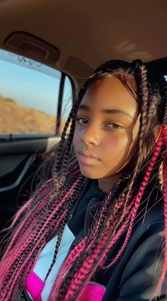 Peekaboo Highlights for Black Women: Transform Your Look with These 20 Stunning Ideas 13 long braids with pink accents