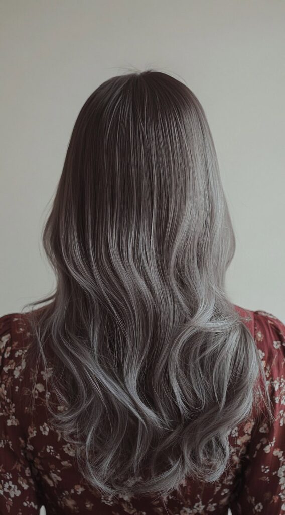 23 Chic Brown Hair with Silver Highlights Ideas 6 long brown waves with silver sheen