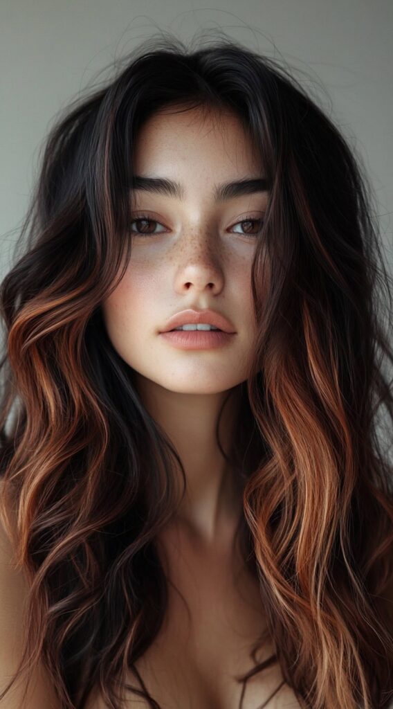 27 Inspiring Black Hair with Brown Highlights Ideas 23 long loose waves with subtle honey brown highlights
