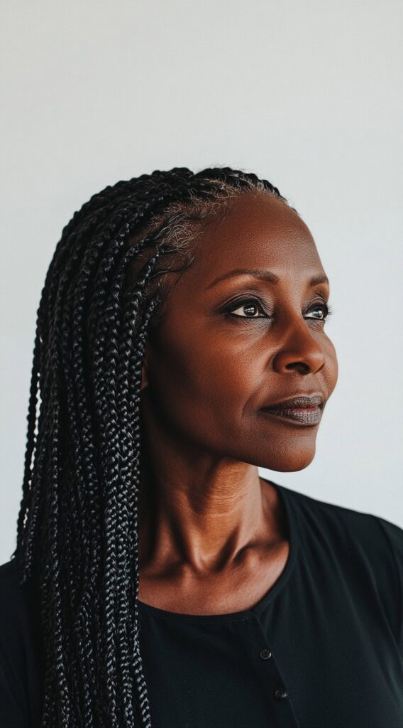 Braids for Older Black Women Over 50: 17 Elegant and Age-Defying Hairstyles to Try 15 loong micro braids with gray highlights