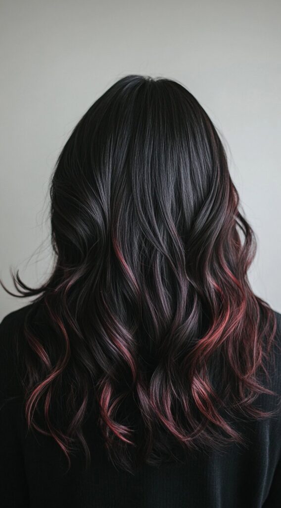 27 Inspiring Black Hair with Brown Highlights Ideas 19 loose waves with deep red highlights