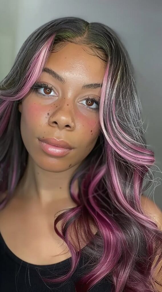 Peekaboo Highlights for Black Women: Transform Your Look with These 20 Stunning Ideas 15 loose waves with pink and green highlights