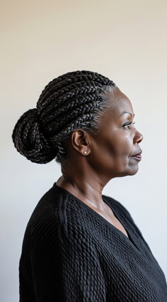 Braids for Older Black Women Over 50: 17 Elegant and Age-Defying Hairstyles to Try 10 low braided bun with gray cornrows