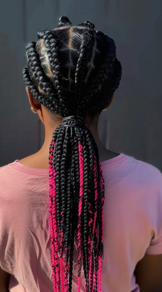 Peekaboo Highlights for Black Women: Transform Your Look with These 20 Stunning Ideas 12 low braided ponytail with pink highlights