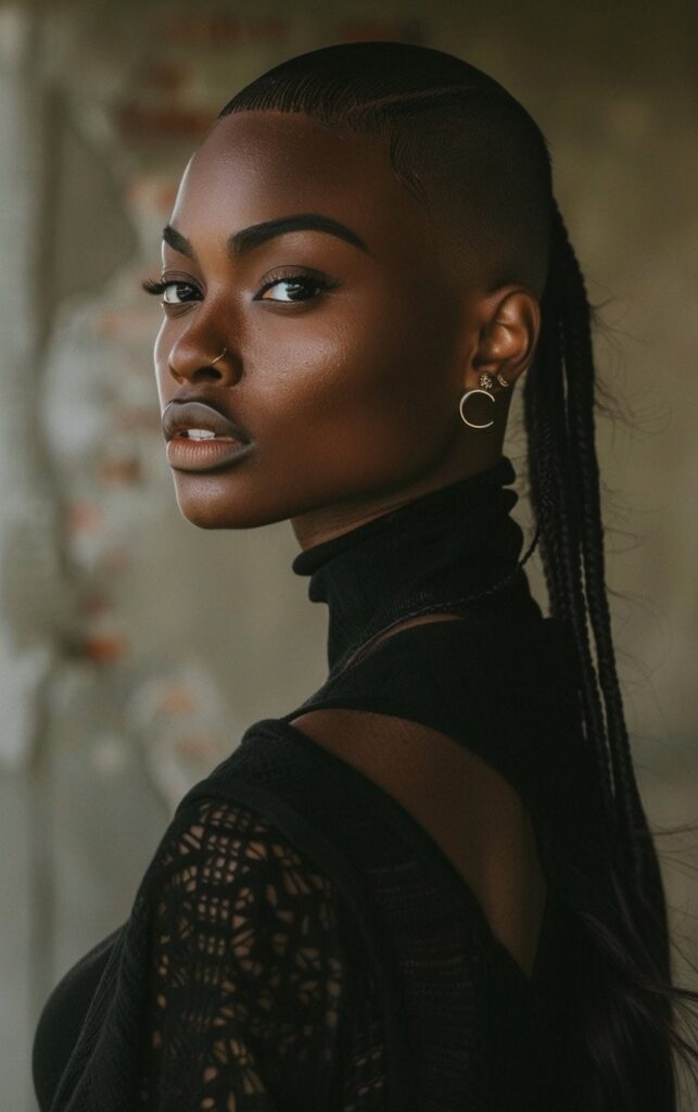 Shaved Sides with Ponytail for Black Women: 27 Stylish and Bold Ideas for Your Next Look 14 low braided ponytail with sleek shaved sides