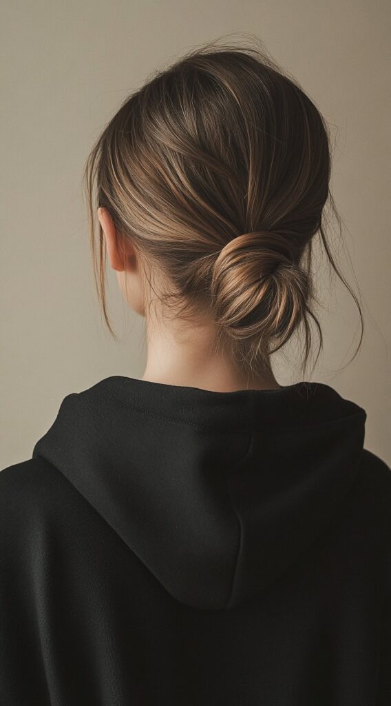 19 Hoodie Hairstyles to Try: Easy and Stylish Ideas for Every Hair Type 4 low knot bun