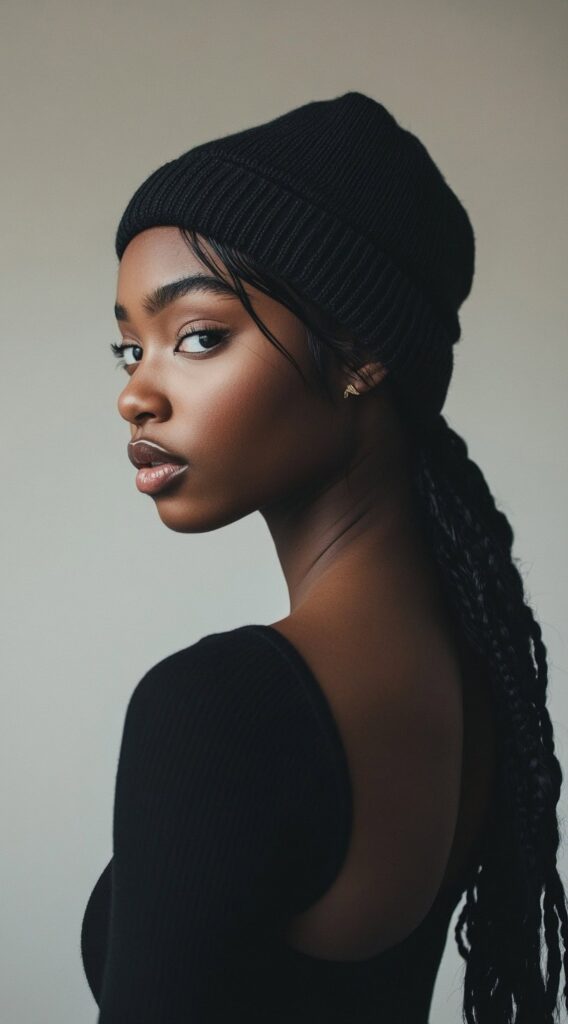 Mastering Beanie Hairstyles: 25 Simple and Stylish Ideas for Effortless Hair Days 21 low ponytail braids with a beanie