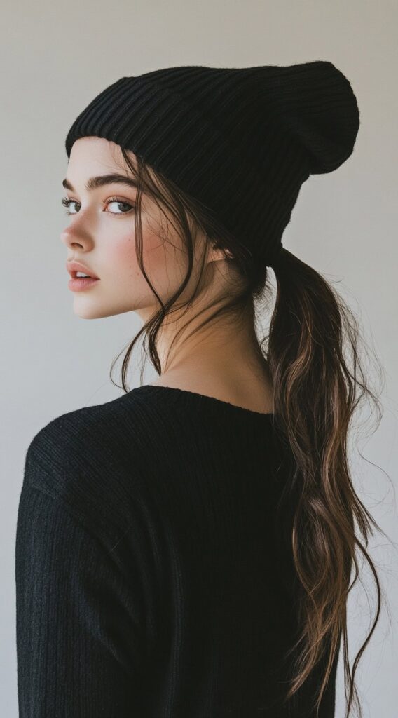 Mastering Beanie Hairstyles: 25 Simple and Stylish Ideas for Effortless Hair Days 16 low ponytail with a beanie