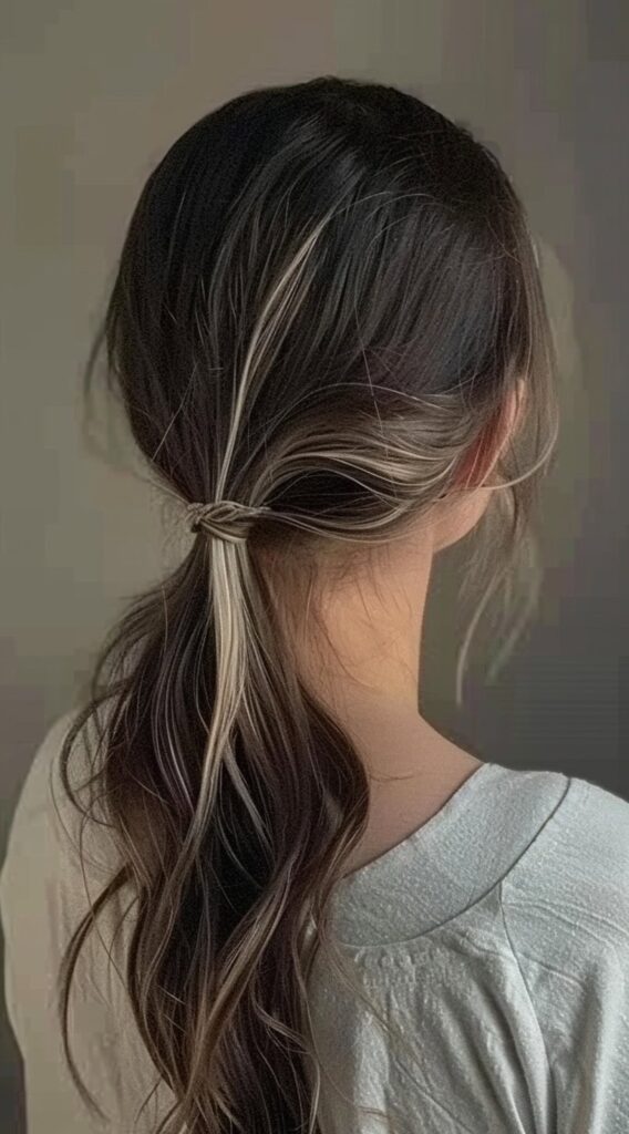 17 Peekaboo Highlights for Dark Hair Ideas 11 low ponytail with blonde highlights