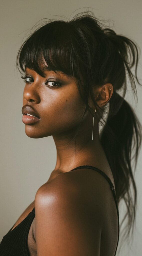 27 Weave Ponytail Hairstyles with Bangs: Chic and Modern Looks for Every Occasion 11 low ponytail with framing bangs