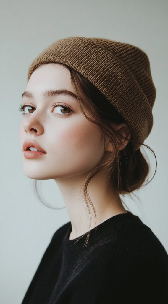 Mastering Beanie Hairstyles: 25 Simple and Stylish Ideas for Effortless Hair Days 18 messy low bun with a beanie