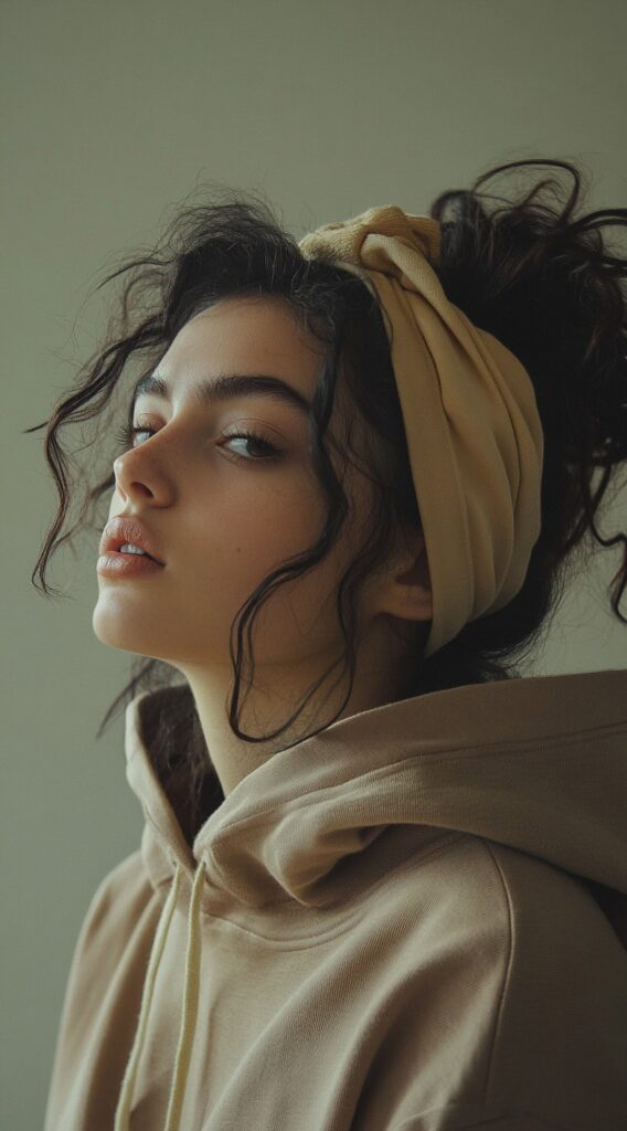 19 Hoodie Hairstyles to Try: Easy and Stylish Ideas for Every Hair Type 16 messy updo with headband