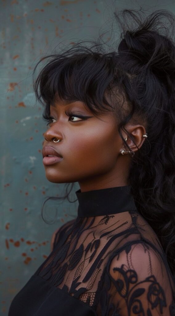 27 Weave Ponytail Hairstyles with Bangs: Chic and Modern Looks for Every Occasion 12 messy voluminous bangs with high wavy ponytail
