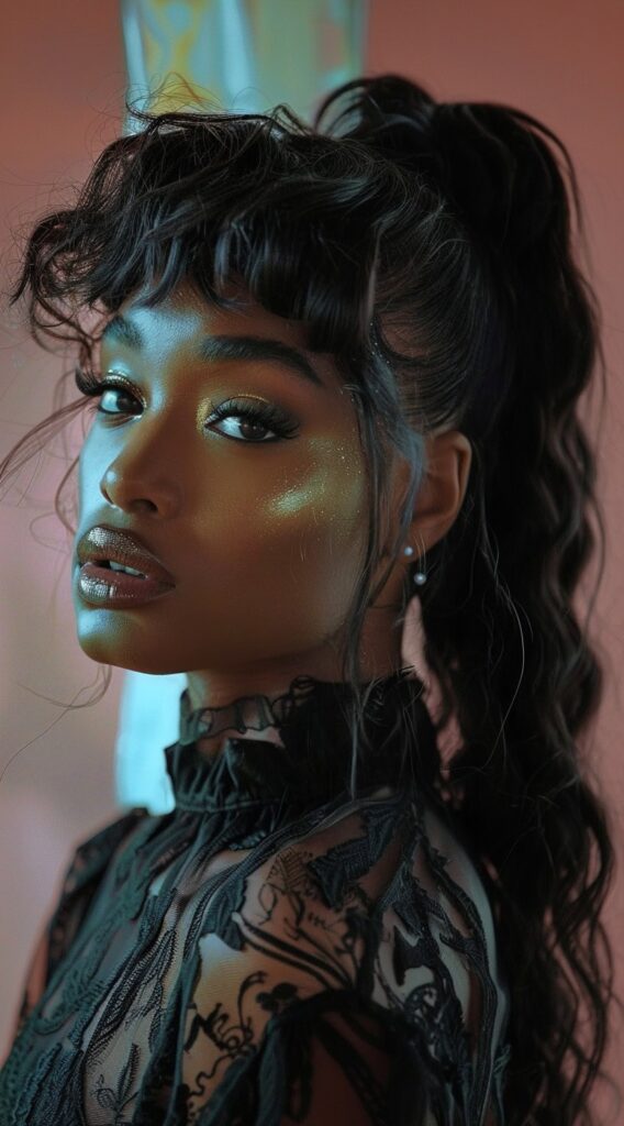 27 Weave Ponytail Hairstyles with Bangs: Chic and Modern Looks for Every Occasion 13 messy voluminous microbangs with wavy high ponytail