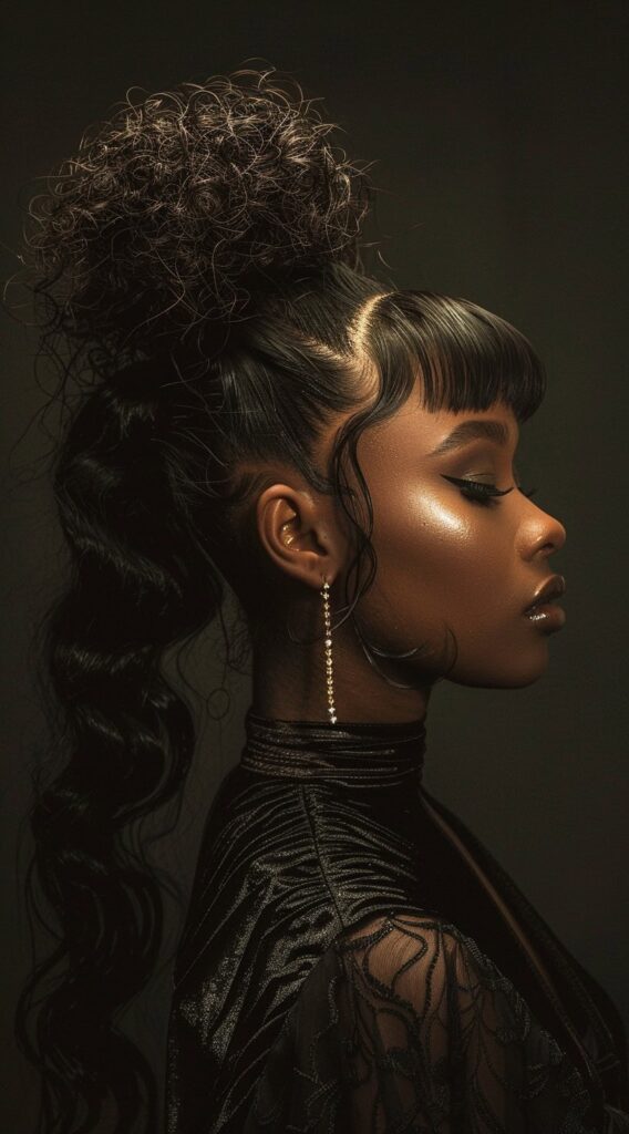 27 Weave Ponytail Hairstyles with Bangs: Chic and Modern Looks for Every Occasion 14 natural bun with wavy ponytail and blunt bangs