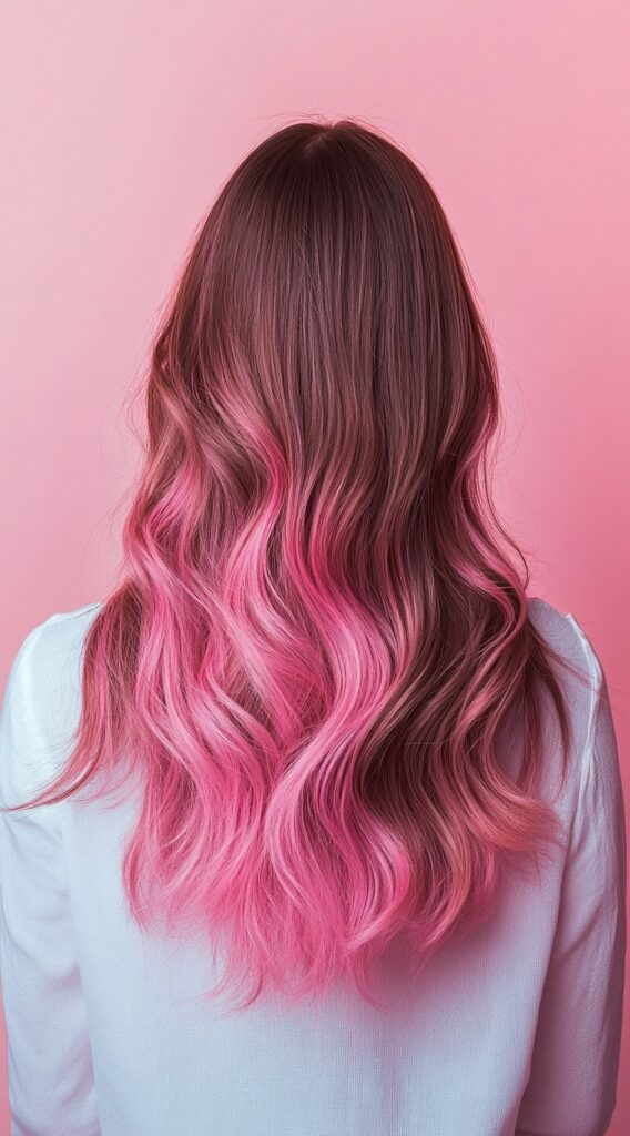 21 Pretty Pink Highlights in Brown Hair 1 ombre waves with vibrant pink ends