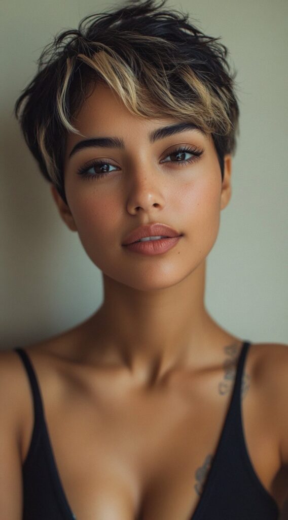 27 Flattering Hair Color Ideas for Brown Skin 12 pixie cut with blonde highlights