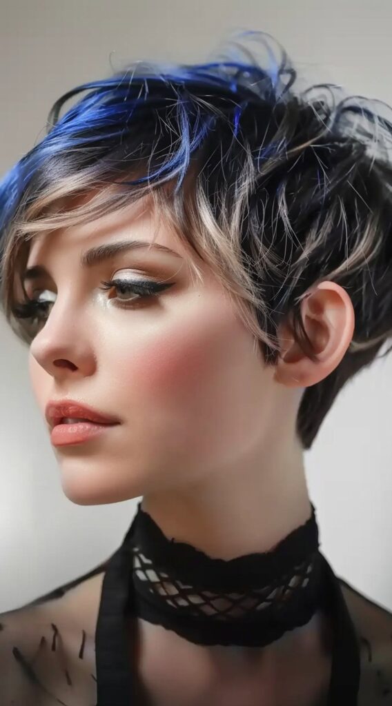 17 Peekaboo Highlights for Dark Hair Ideas 9 pixie cut with blue and silver highlights