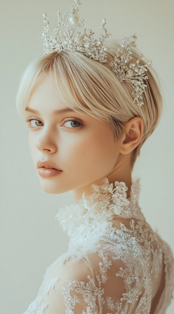 25 Dreamy Princess Hairstyles: Gorgeous Ideas for Your Next Big Event 4 pixie cut with ornate tiara