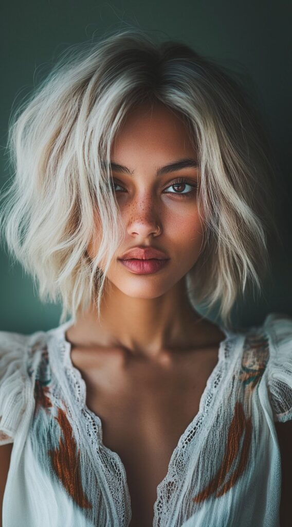 27 Flattering Hair Color Ideas for Brown Skin 4 platinum blonde lob with tousled texture