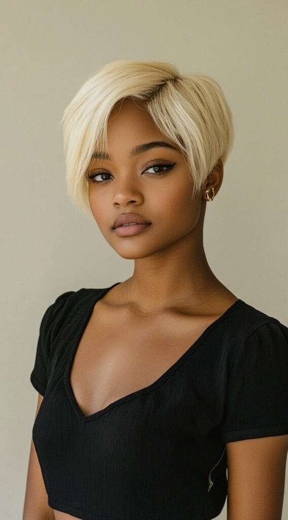 27 Trendy Pixie Hairstyles for Black Women 2 platinum blonde pixie with side part