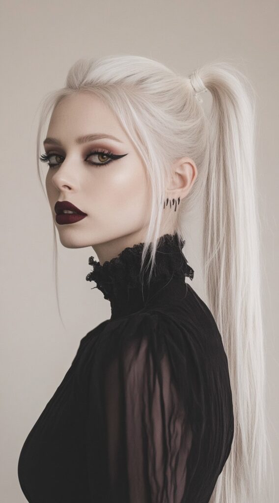 36+ Vampire Hairstyles for Women 12 platinum blonde sleek high ponytail with framing tendrils