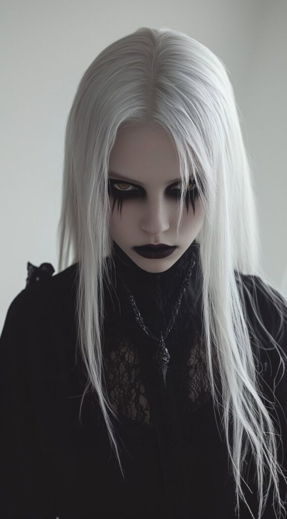 36+ Vampire Hairstyles for Women 11 platinum middle parted sleek hair with split bangs