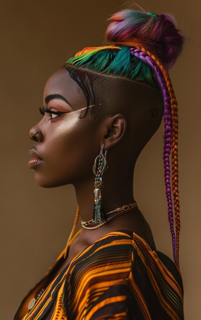 Shaved Sides with Ponytail for Black Women: 27 Stylish and Bold Ideas for Your Next Look 24 rainbow braided top knot with shaved sides