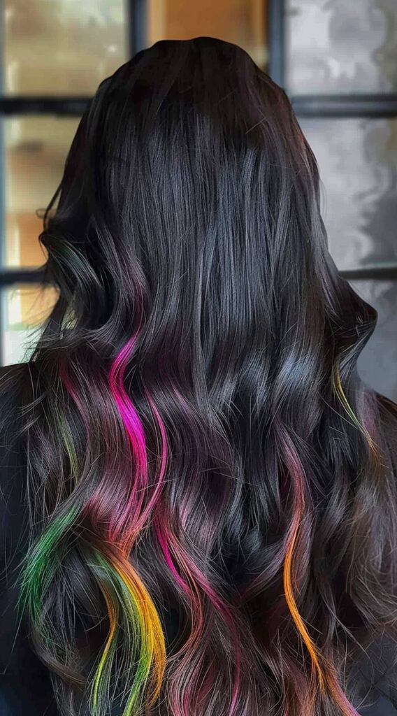 17 Peekaboo Highlights for Dark Hair Ideas 12 rainbow peekaboo highlights