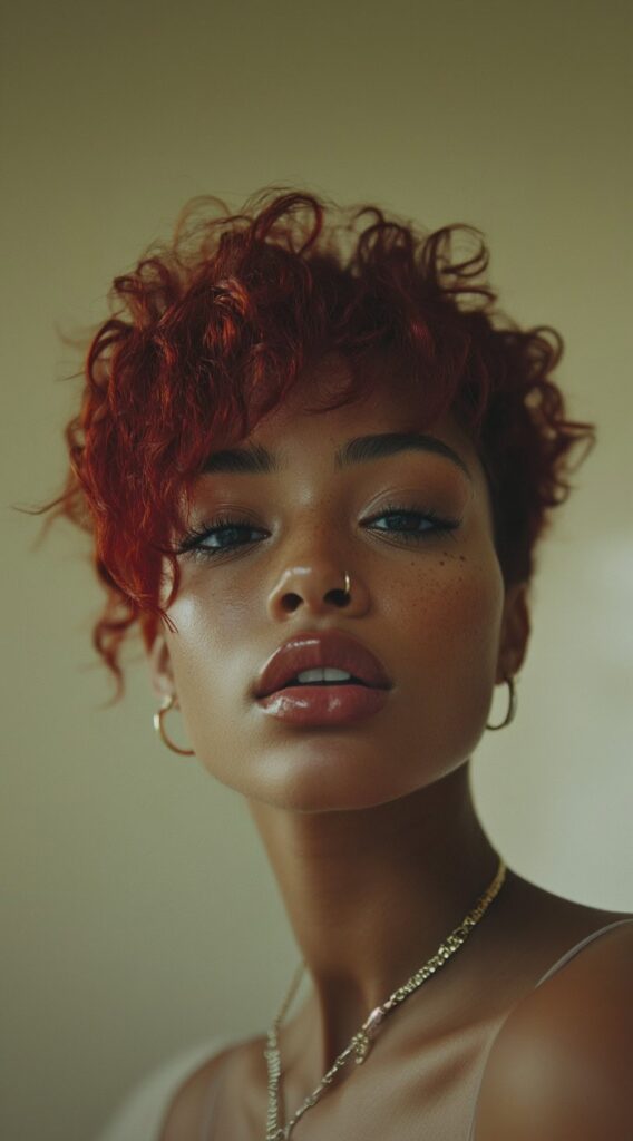 27 Trendy Pixie Hairstyles for Black Women 9 red curly pixie with bangs