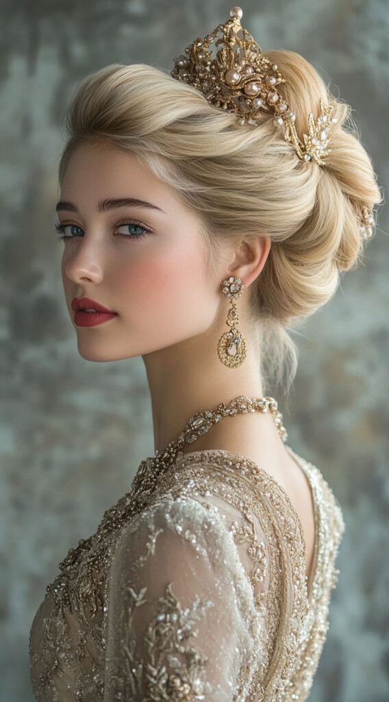 25 Dreamy Princess Hairstyles: Gorgeous Ideas for Your Next Big Event 10 regal updo with pearl crown