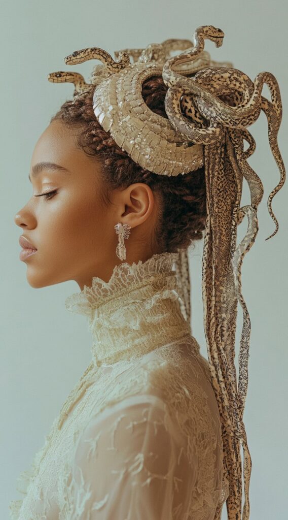 17 Medusa Hair Ideas 17 regal updo with snake headpiece and ribbons